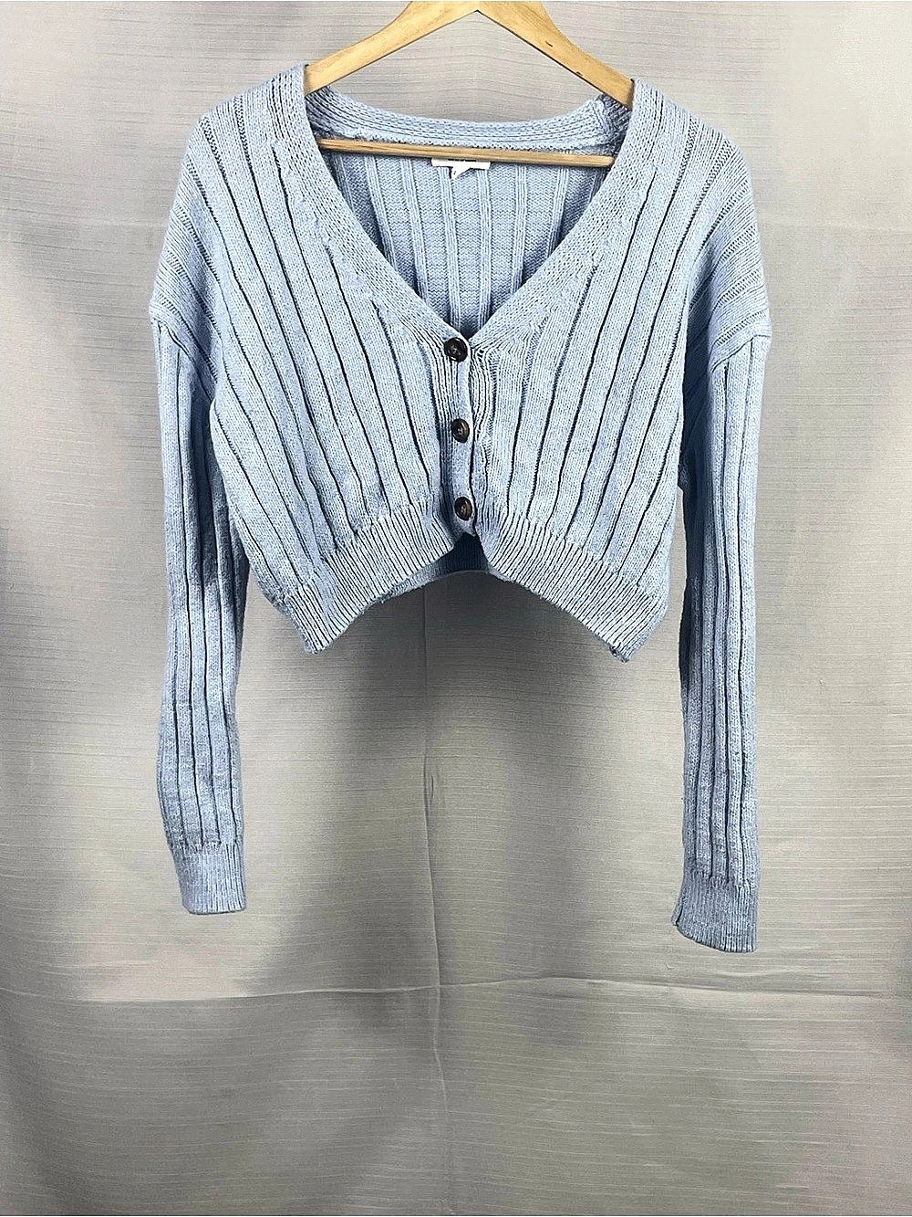 Garage Light Blue Ribbed Cropped Cardigan 3-Button V-Neck Sz S